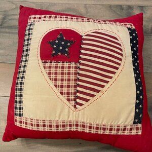 Patriotic vintage handmade decorative pillow w/heart & star design 12" x 12"